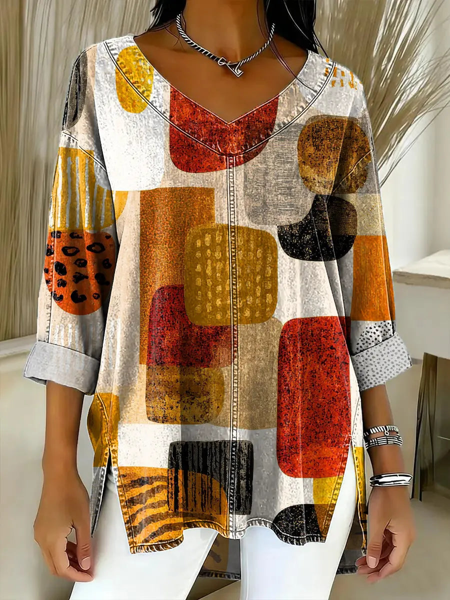 Women's Abstract Geometric Pattern Art Print Casual Denim Shirt