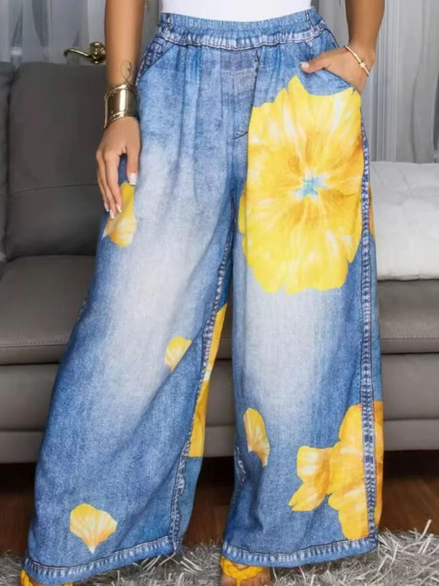 Women's Casual Loose Wide-leg Jeans With Placement Print And Elastic Waist