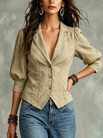Women's Solid Color Art Casual 3/4 Sleeve Cotton Linen Shirt