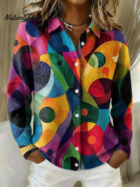 Women's Abstract Colorful Geometry Printed Collared Sweater