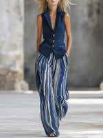 Casual Linen And Cotton Sleeveless Vest And Striped Trousers Two-piece Set
