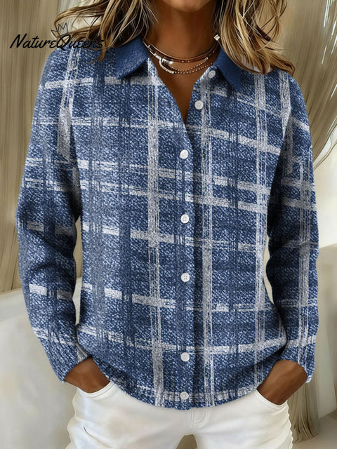 Simple Geometric Grid Decorative Pattern Casual Long Sleeve Shirt Collar Sweater