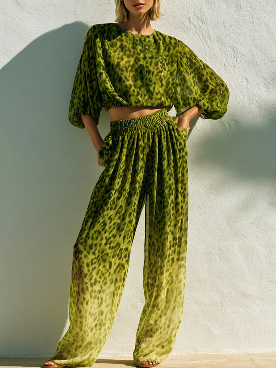 Comfortable Leopard Print Chiffon Top And Pants Two-piece Set