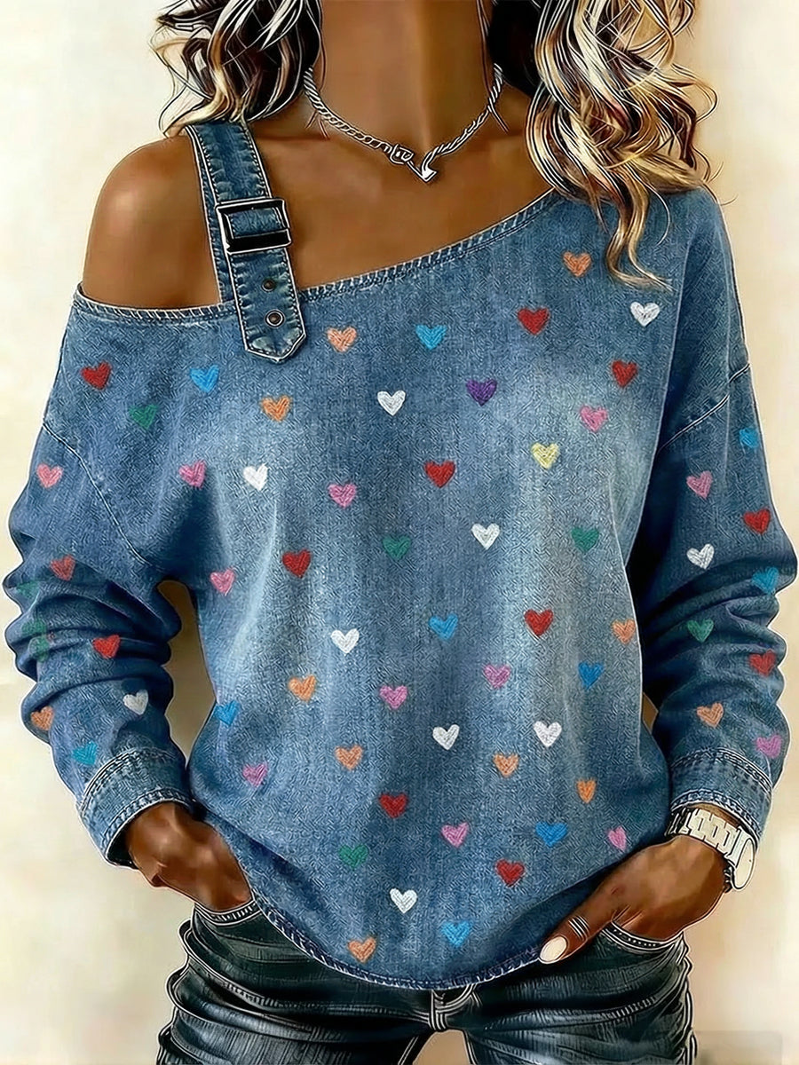 Women's Casual And Fashionable Denim Top With Heart Pattern