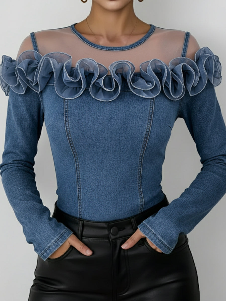 Fashionable Patchwork Mesh Organza Ruffled Denim Top