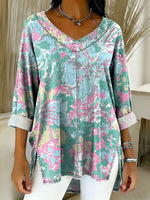 Women's Retro Gradient Flowers Floral Art Patterns Casual Washed Denim Cotton Top