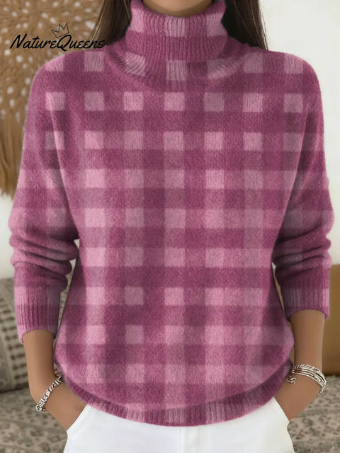 Women's Plaid Pattern Art Print Casual Turtleneck Pullover Sweater
