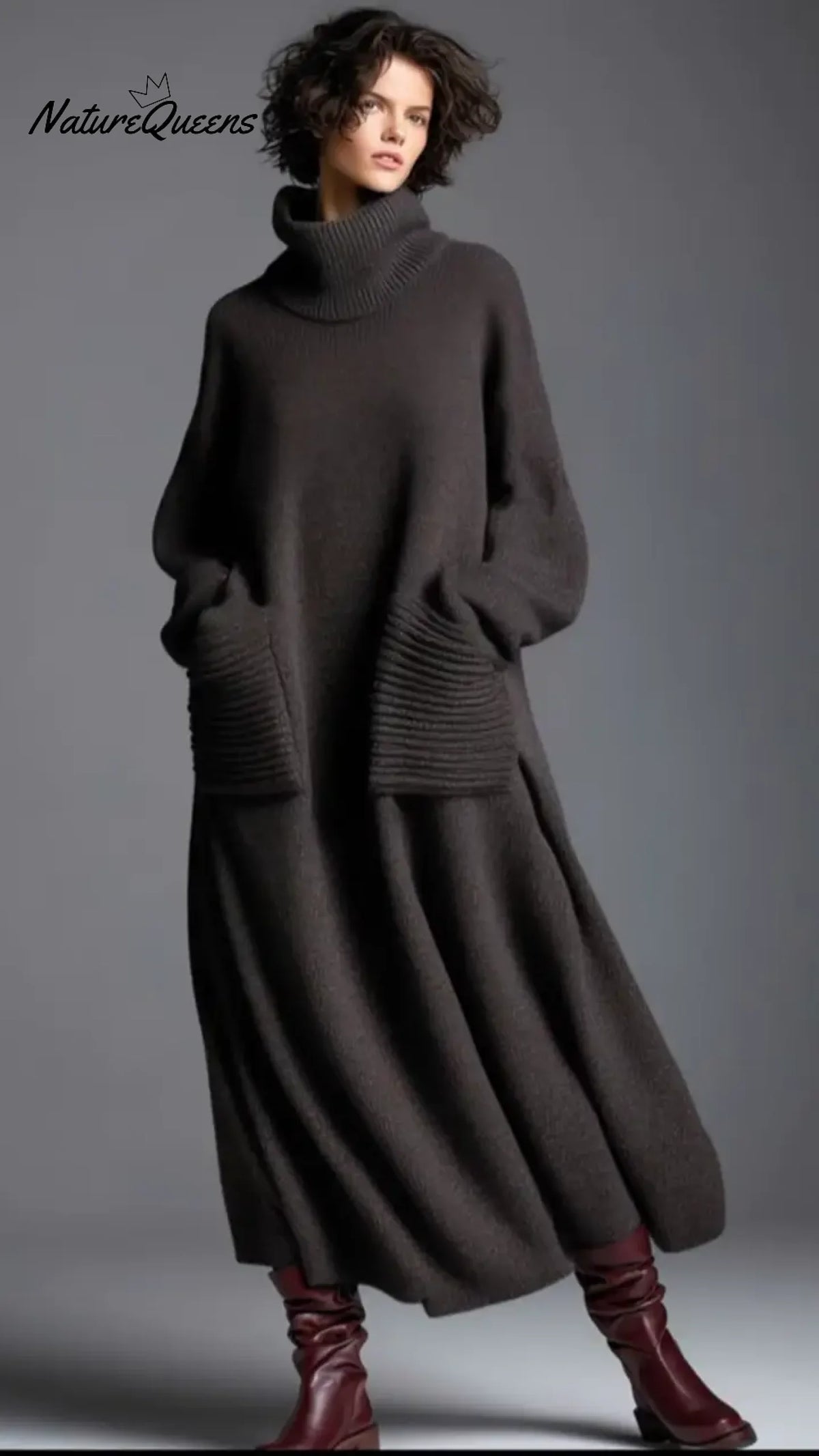 Women's Solid Color High-Neck Long-Sleeve Casual Loose Knit Dress