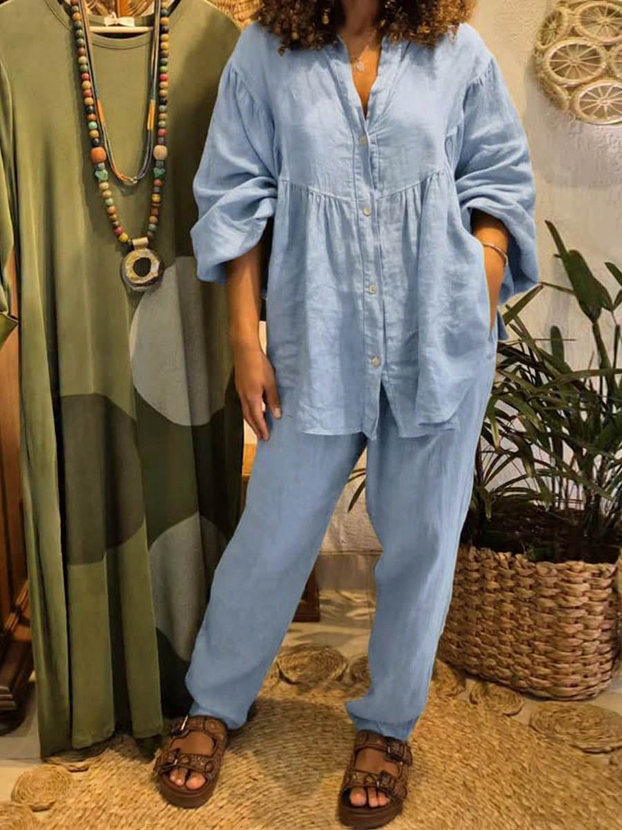 Women's Solid-color V-neck Long-sleeve Loose-fit Cotton-linen Top & Elastic-waist Wide-leg Pants Casual Two-piece Set