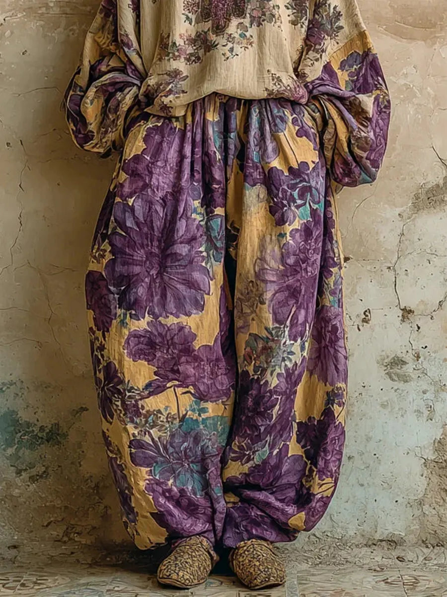 Women's Casual Floral Print Linen And Cotton Top And Pants Two-piece Set