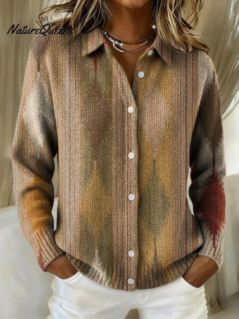 Women's Retro Gradient Stripes Printed Collared Sweater