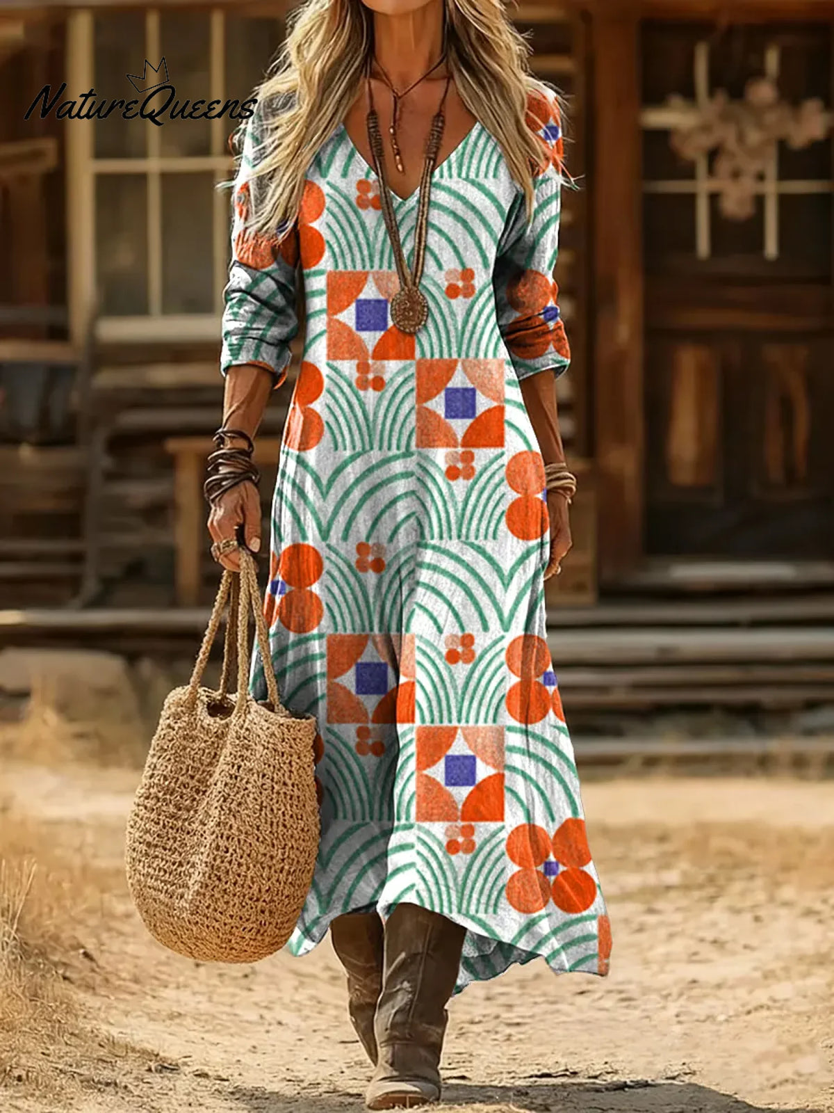 Women's Geometric Flowers Art Print Casual Cotton Dress