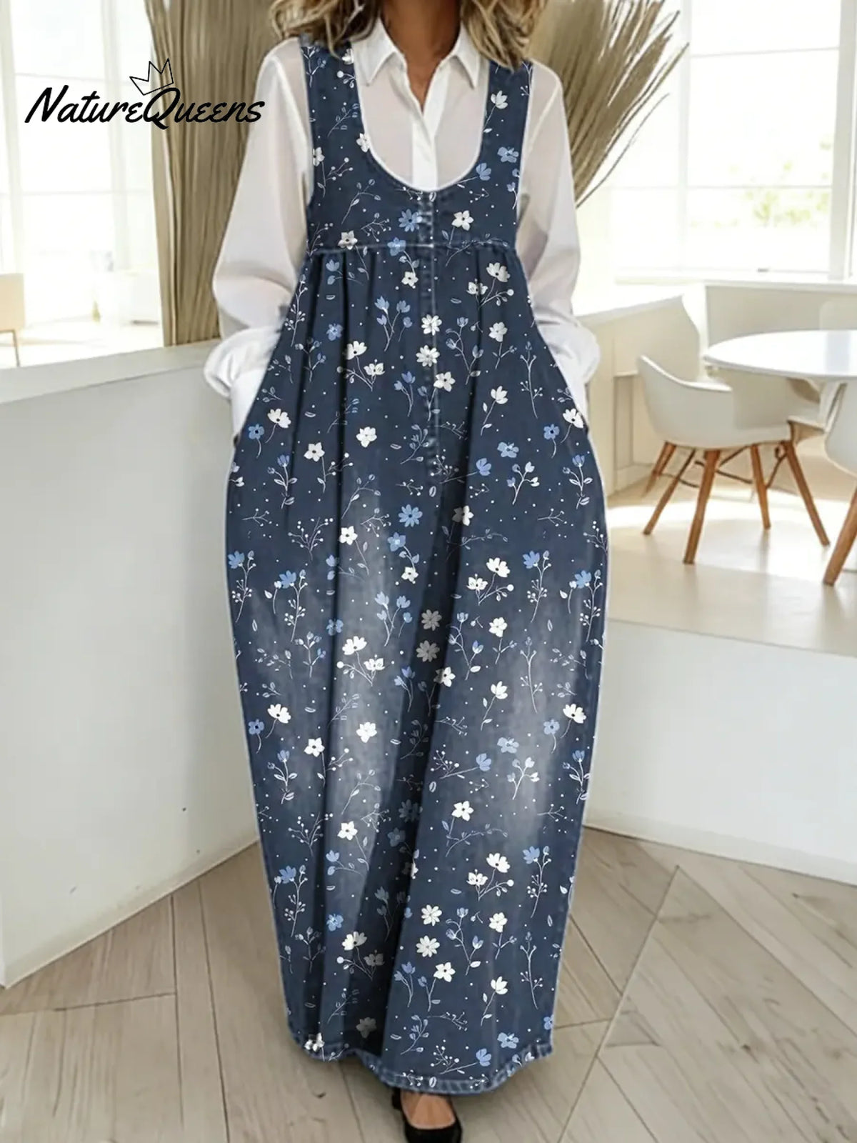 Women's Floral Pattern Art Print Casual Cotton Denim Dress