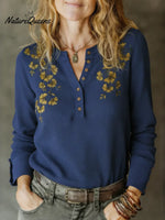 Women's Floral Print Waffle-knit Cotton Henley Top