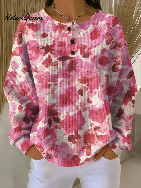 Women's Floral Pattern Art Print Casual Waffle Sweatshirt