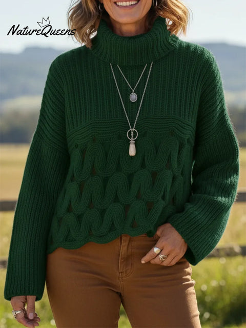Retro High-neck Cable Knit Openwork Sweater