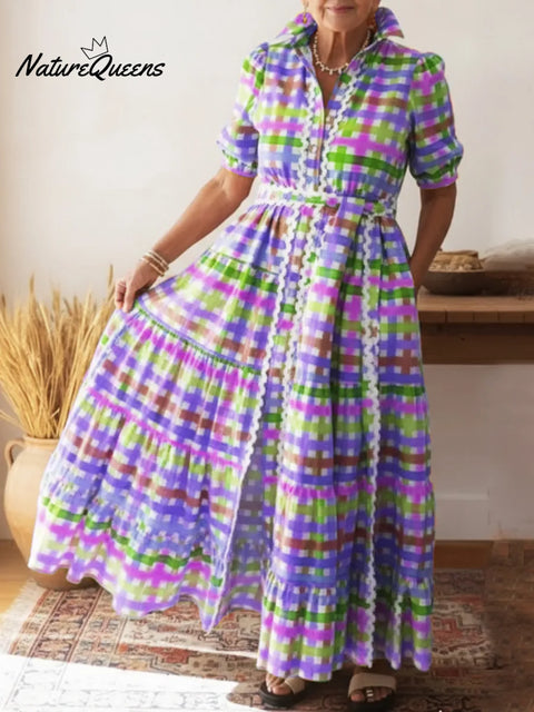 Colorful Square Art Print Collared Shirt Dress