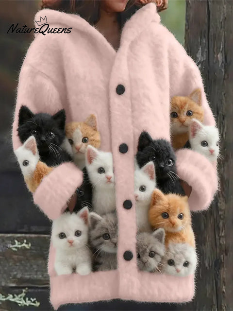 Women's Funny Cats Pattern Art Print Casual Fleece Coat