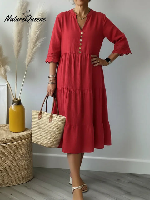 Women's Cotton And Linen Dress With Lace-paneled Sleeves.