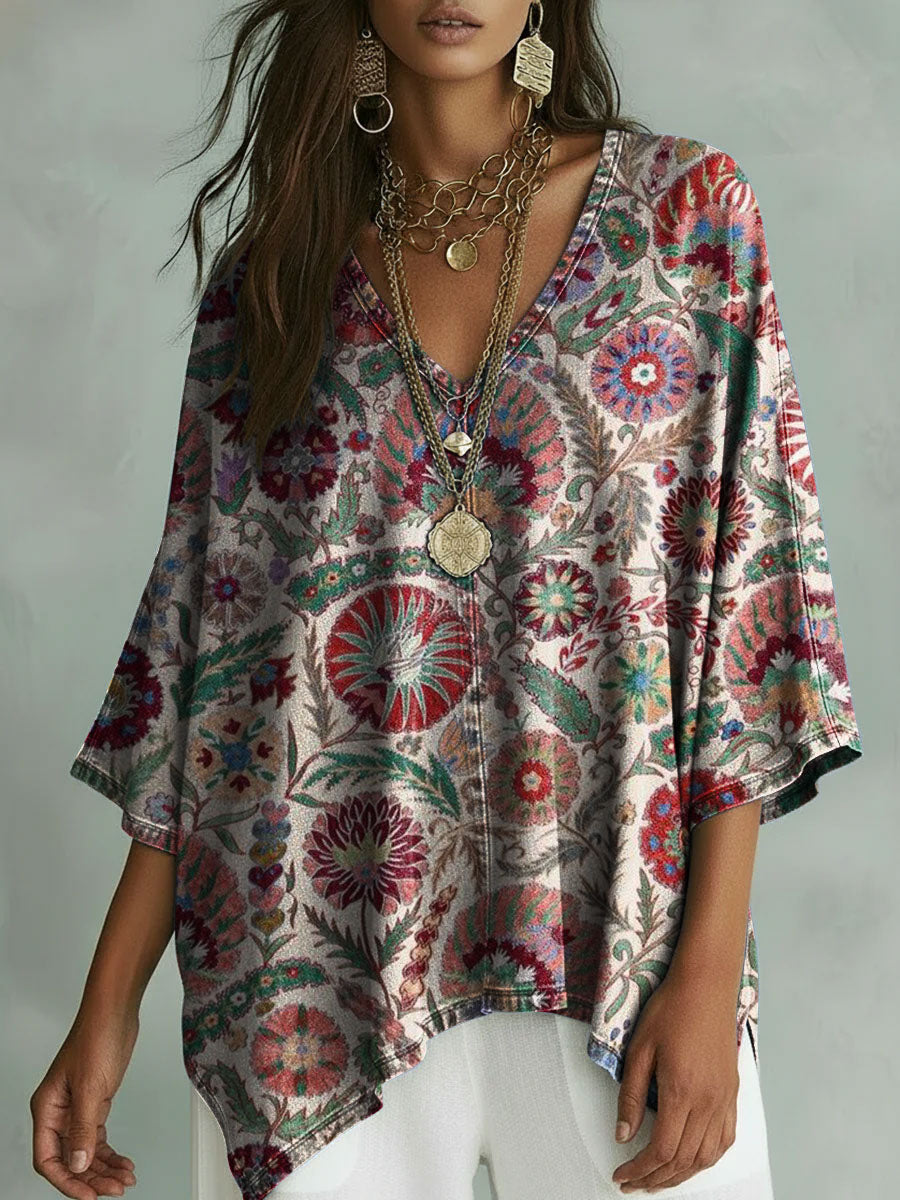 Women's Floral Pattern Art Print V-neck Loose Shirt