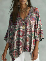 Women's Floral Pattern Art Print V-neck Loose Shirt