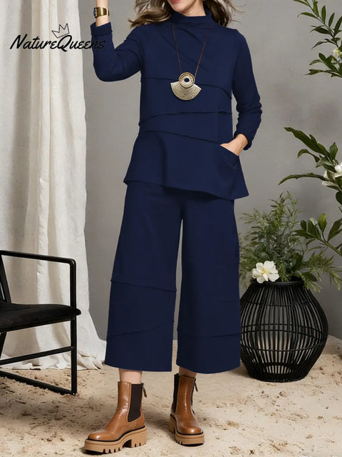 Women's Solid Color Stand-collar Long-sleeved Casual Loose Cotton Top And High-waisted Loose Wide-leg Pants Set.