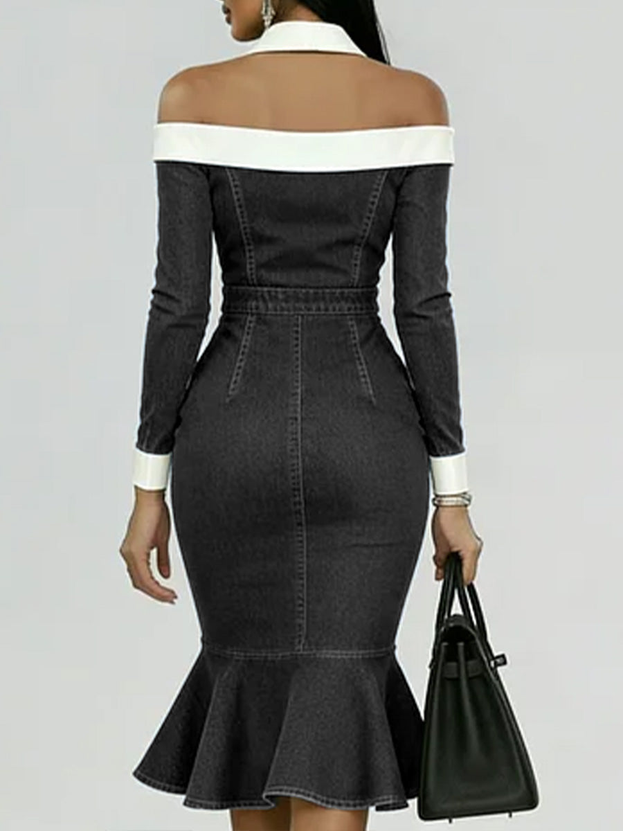 Women's Off-the-shoulder Long-sleeved Casual Loose Denim Slim-fit Dress