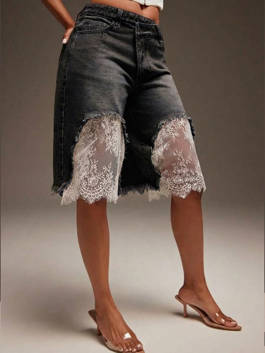 Casual Patchwork Lace Denim Jeans