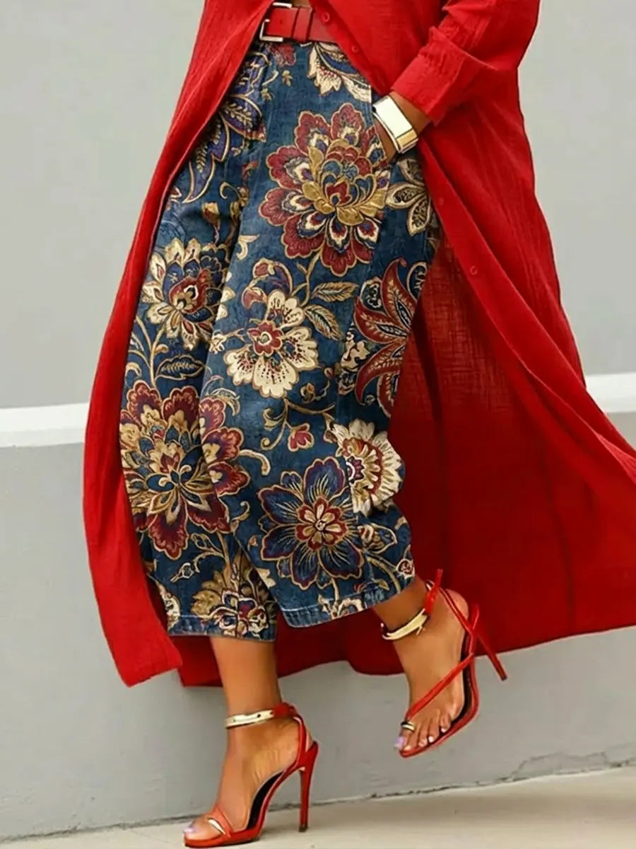 Women's Retro Floral Pattern Art Print Casual Jeans