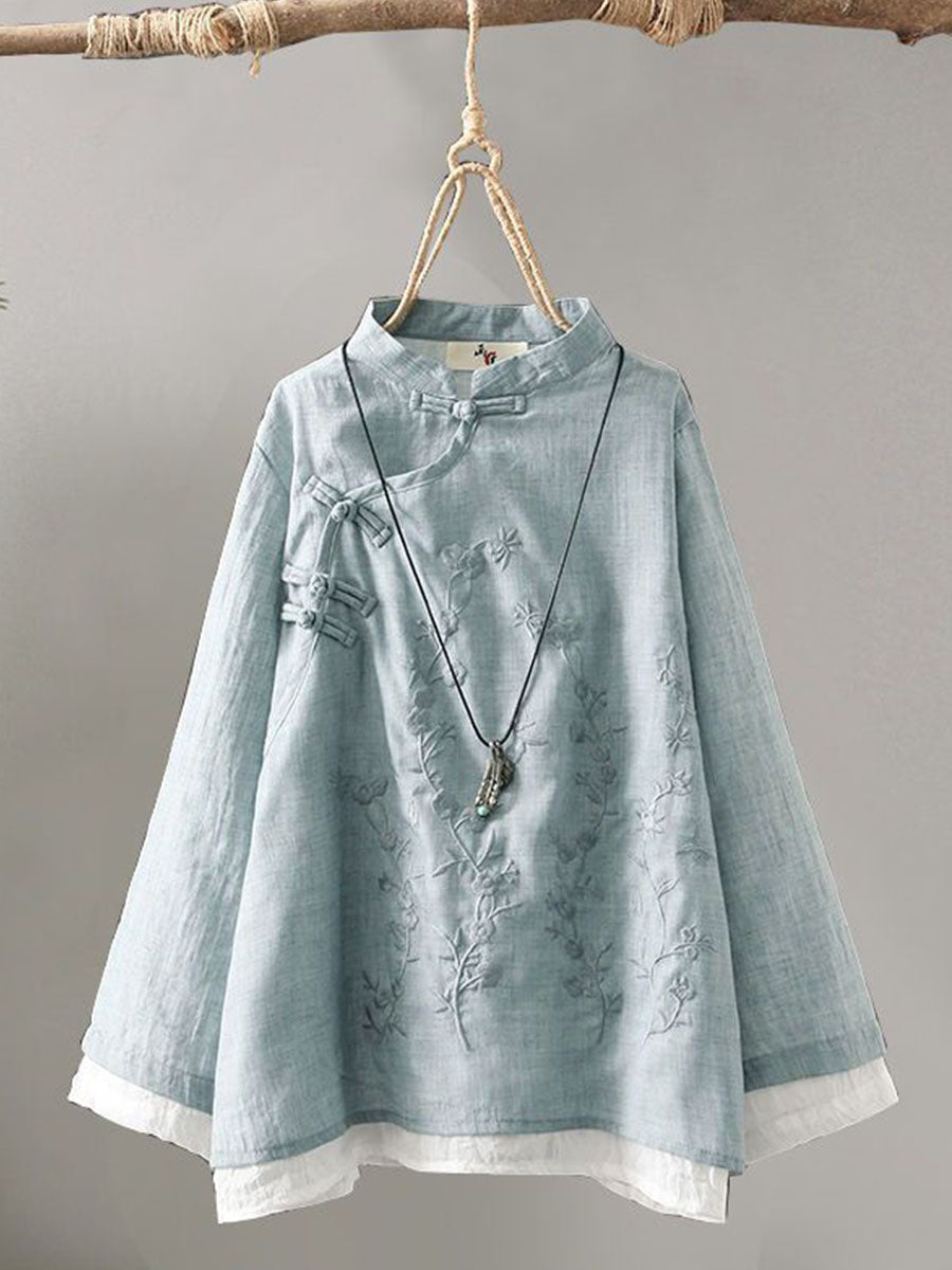 Women's Stand-collar Long-sleeve Loose-fit Casual Cotton-linen Shirt With Embroidery