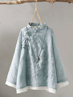 Women's Stand-collar Long-sleeve Loose-fit Casual Cotton-linen Shirt With Embroidery