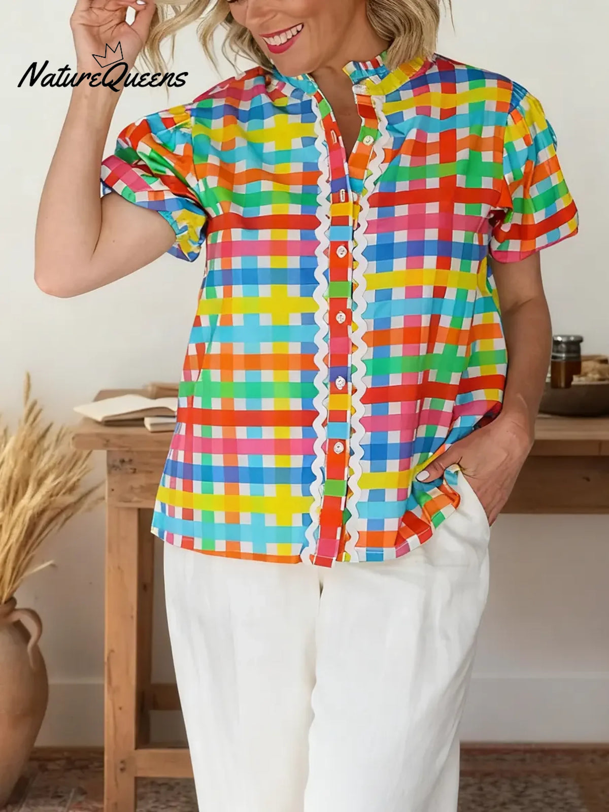 Women's Striped Print Shirt Collar Short Sleeve Casual Loose Cotton Linen Top