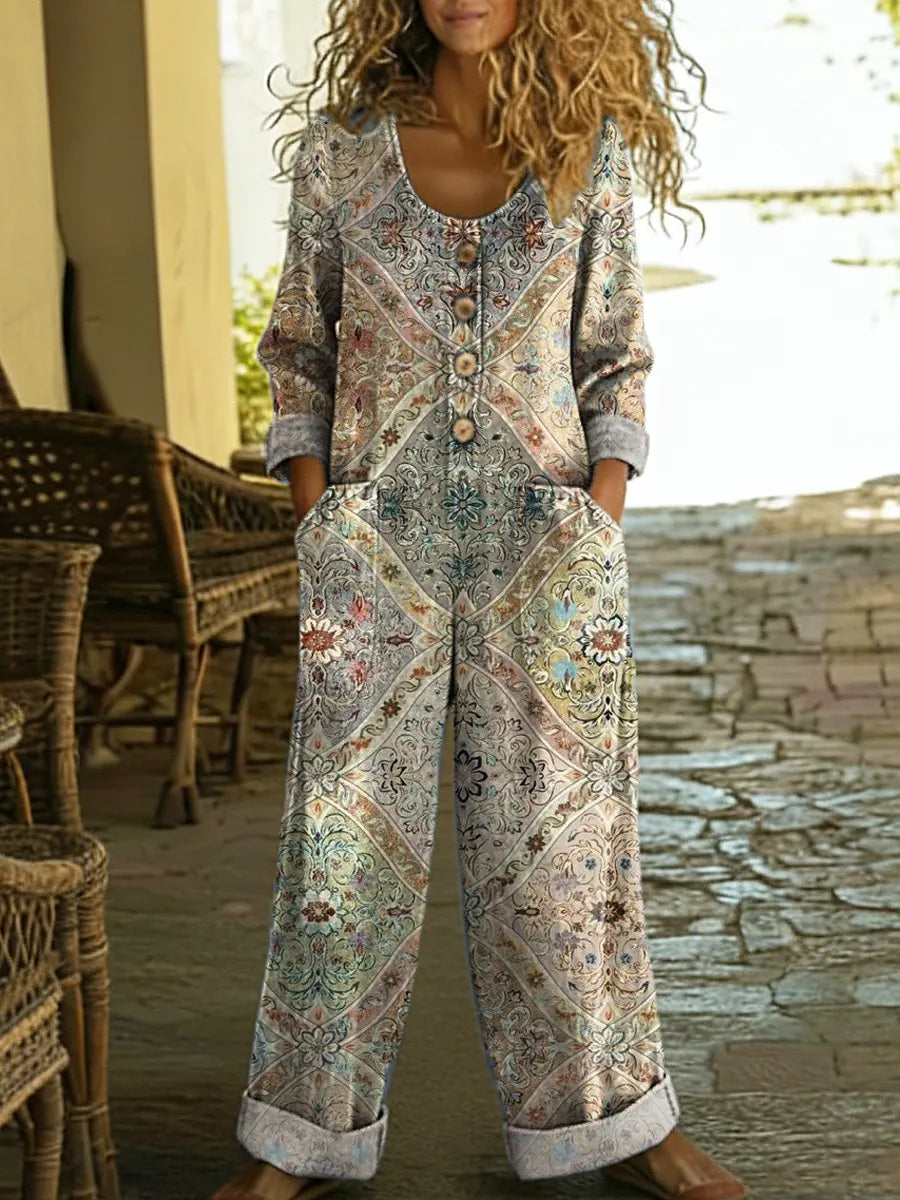 Women's Vintage Art Print Casual Cotton Denim Jumpsuit