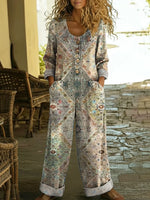 Women's Vintage Art Print Casual Cotton Denim Jumpsuit