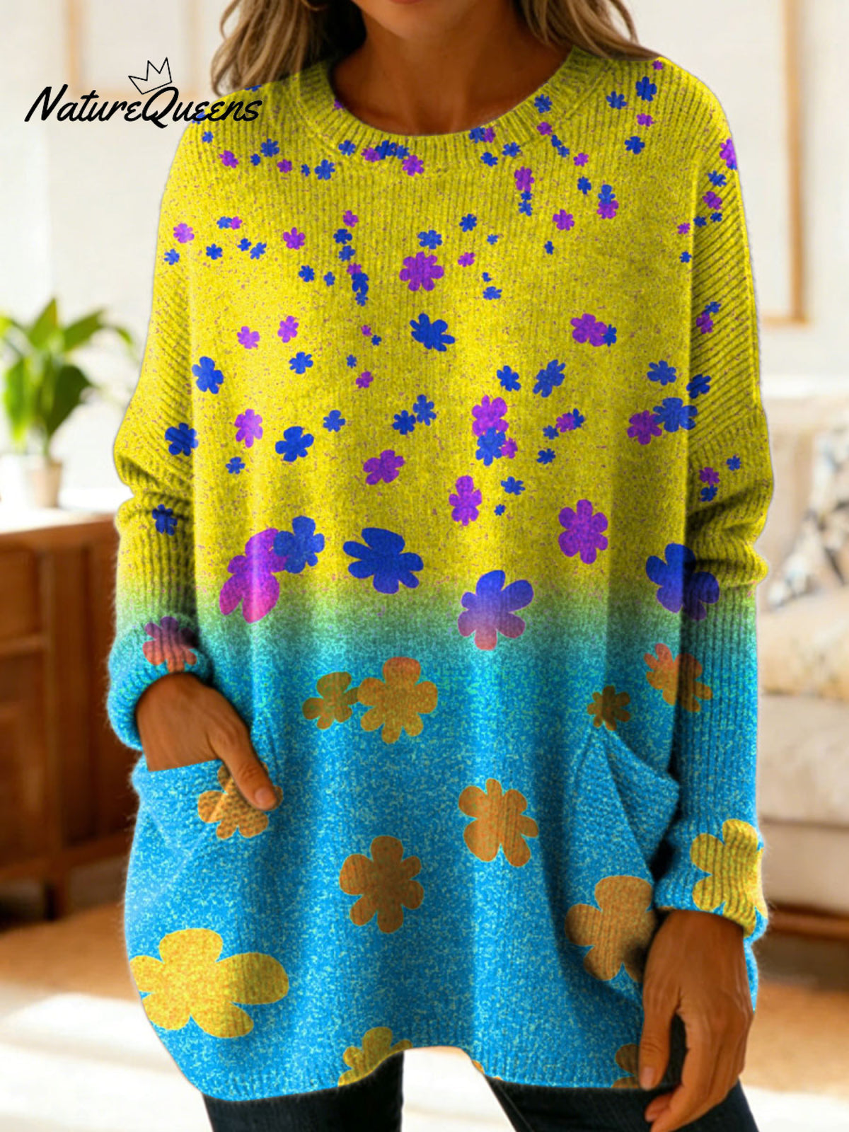 Women's Lovely Floral Flowers Pattern Art Print Casual Cotton Knitted Sweater