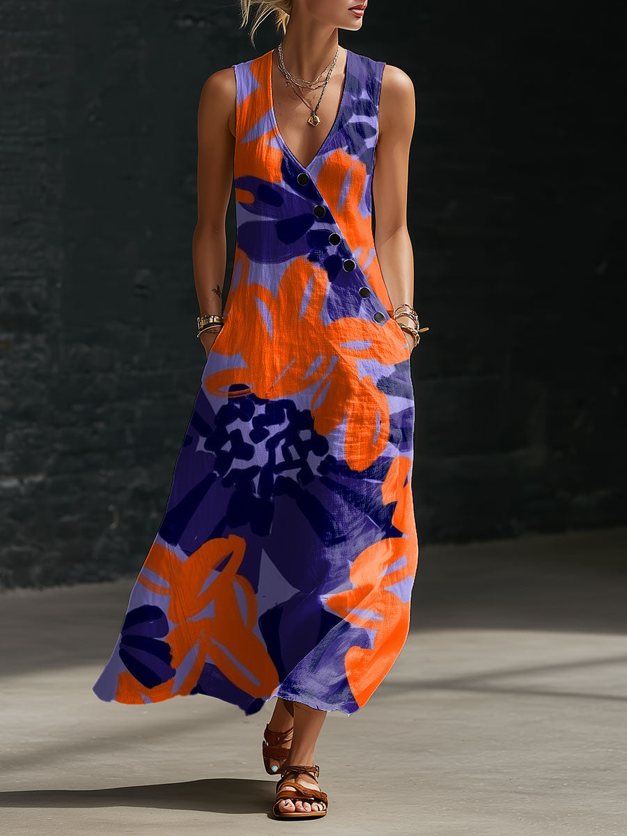 Women's Floral Print Button-down V-neck Casual Dress