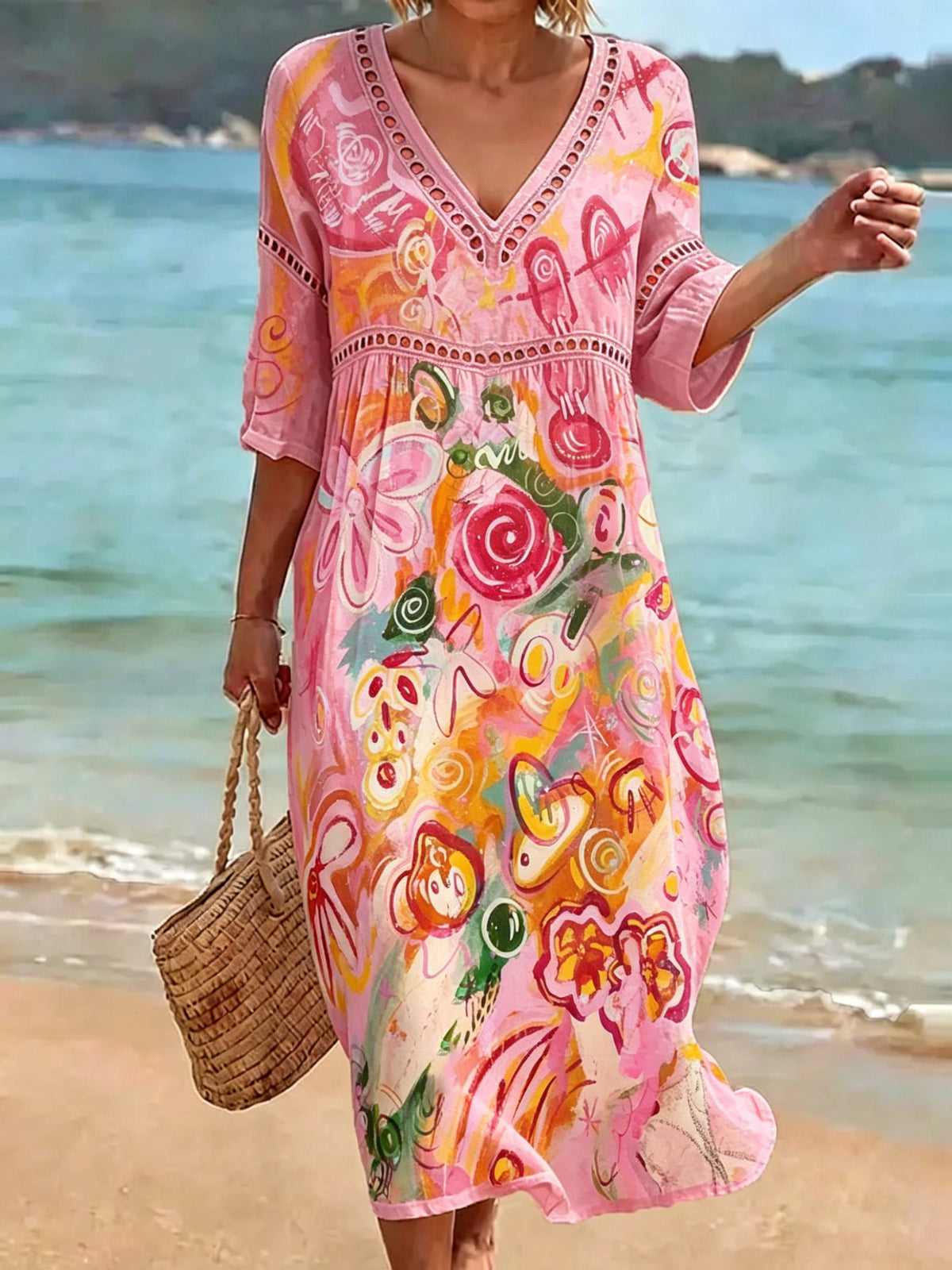 Colorful Graffiti Print Cutout V-neck Vacation Dress