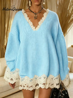 Women's V-neck Long-sleeved Casual Loose Knit Top With Color-blocked Lace Trim