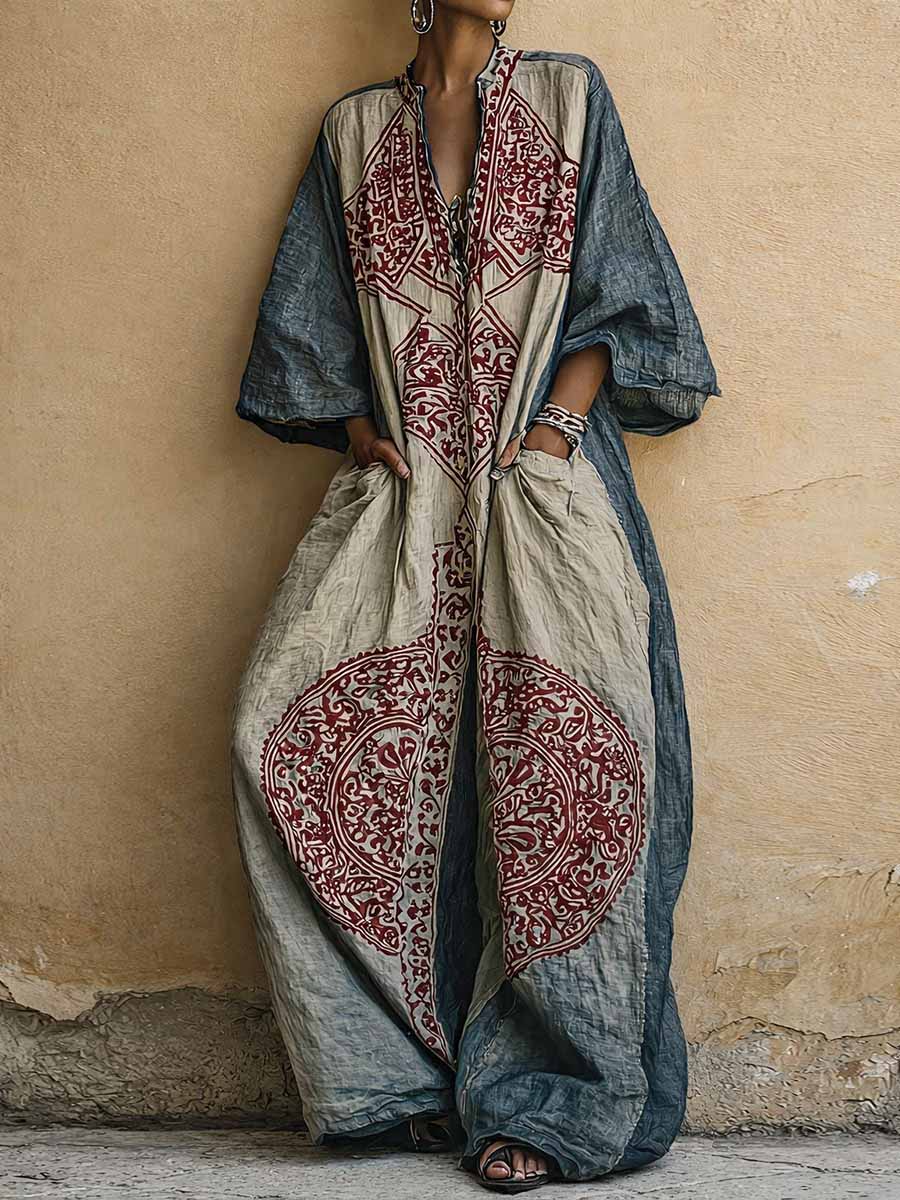 Women's Vintage Print V-neck 3/4-sleeve Cotton-linen Jumpsuit