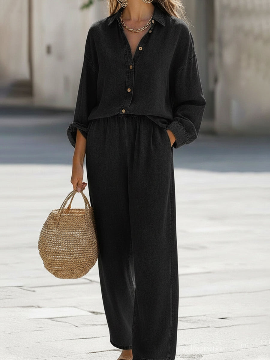 Classic Denim Shirt And Wide-leg Pants Two-piece Set