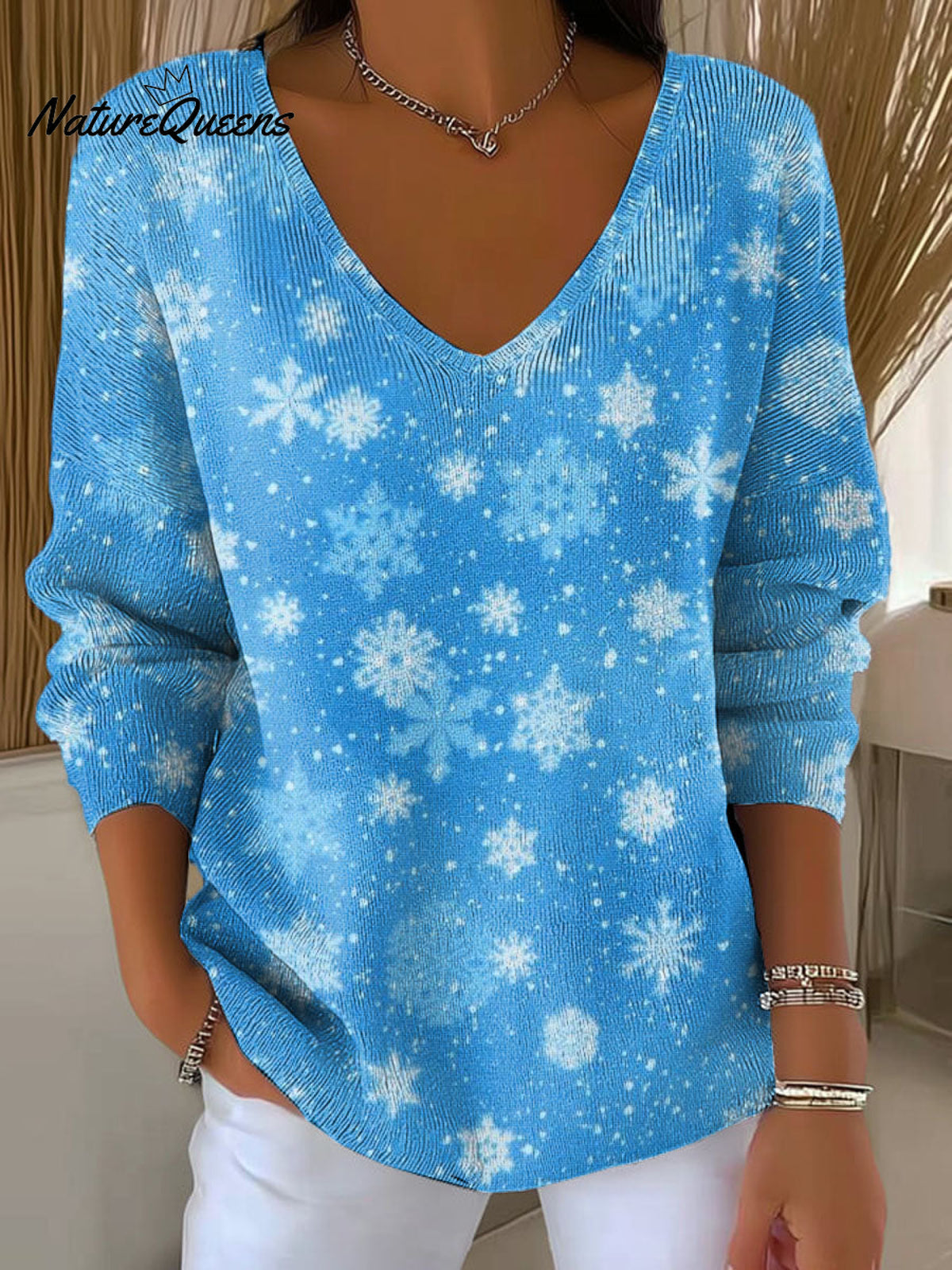 Women's Winter Snowflake Decorative Patterns Casual V Collar Long Sleeve Sweater