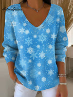 Women's Winter Snowflake Decorative Patterns Casual V Collar Long Sleeve Sweater