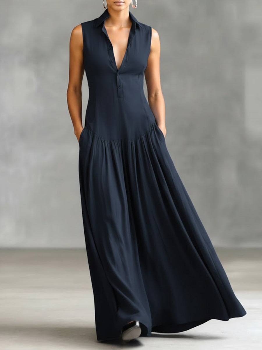 Women's Solid Color Lapel Sleeveless Casual Loose Cotton Dress