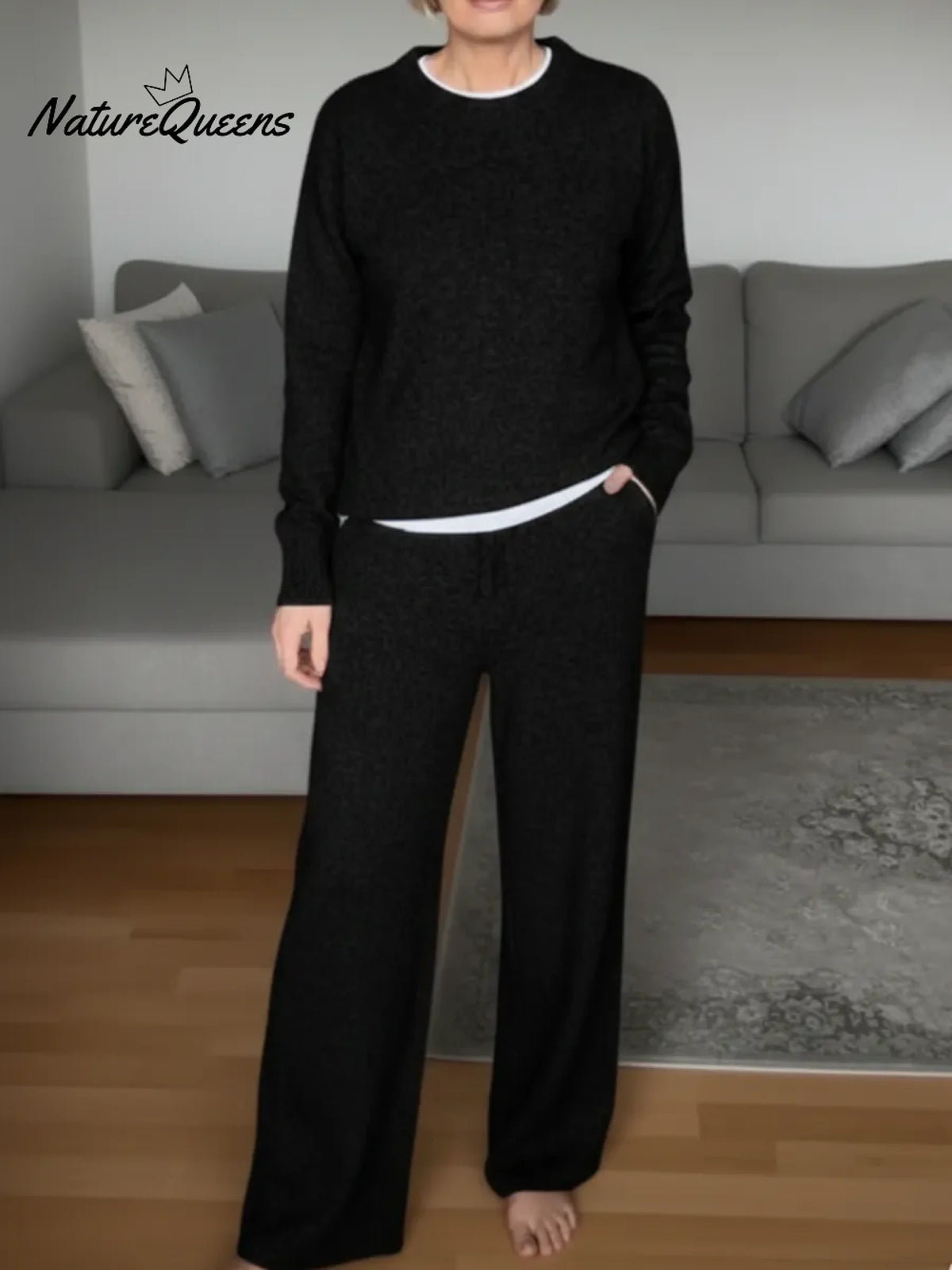 Cozy Round-neck Sweater And Wide-leg Pants Two-piece Set