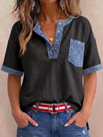 Women's V-neck Short-sleeve Casual Loose Cotton-linen Patchwork Top