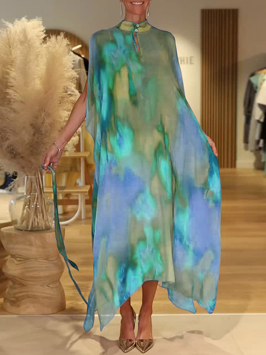 Women's Colorful Tie-Dye Stand Collar Sleeveless Casual Loose Chiffon Dress