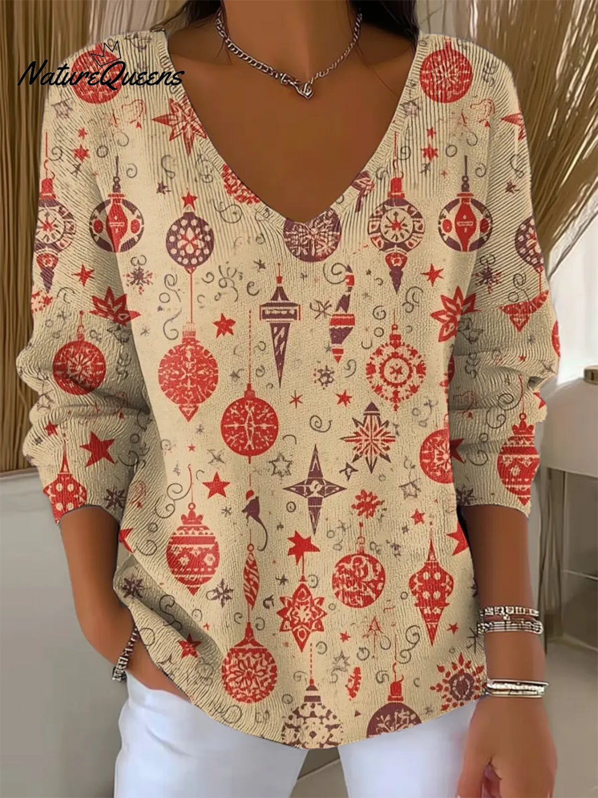 Women's Vintage ChristmasArt Print CasualSweater