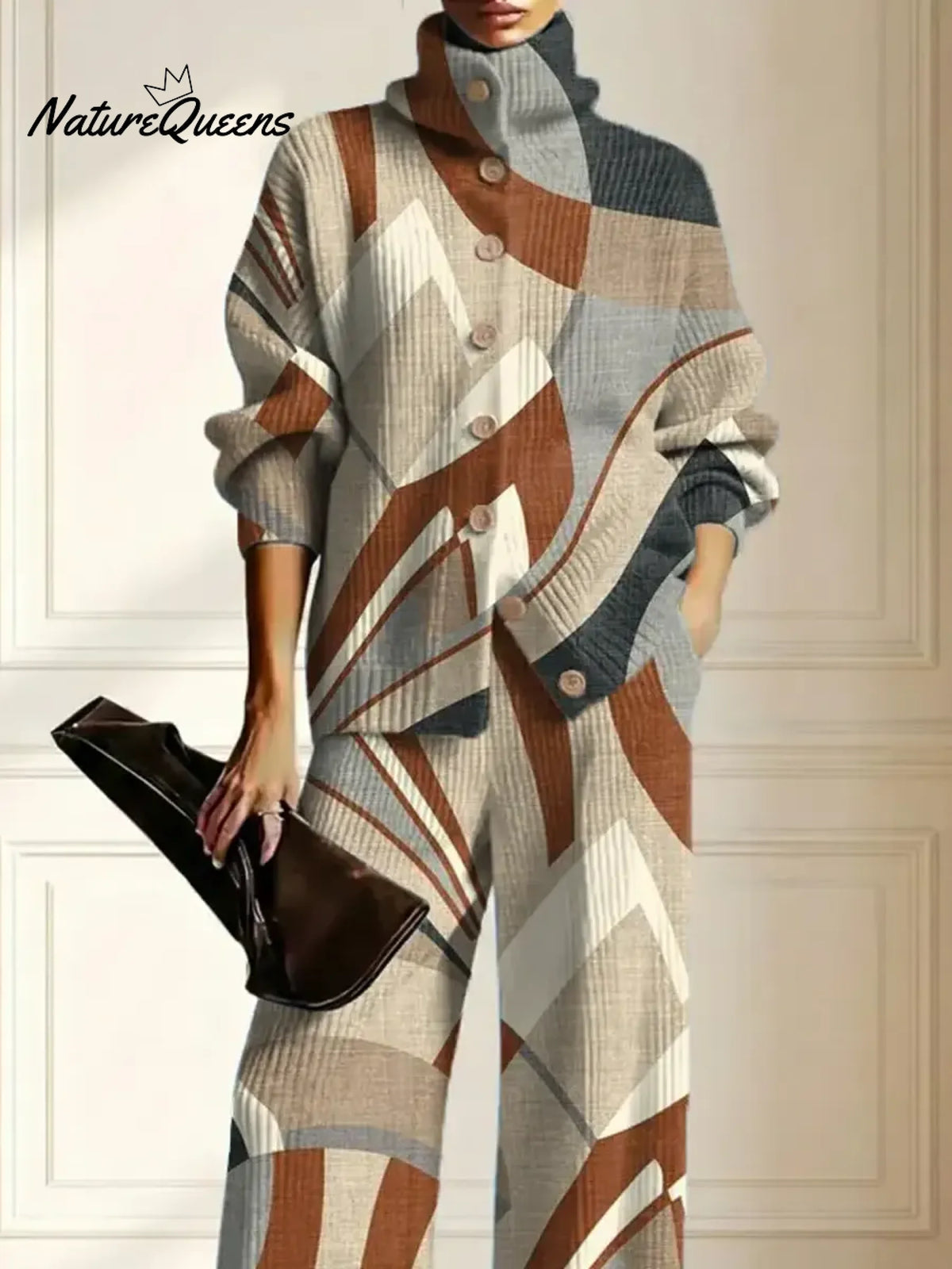 Women's Abstract Pattern Art Print Casual Cotton Knitted Suits