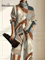 Women's Abstract Pattern Art Print Casual Cotton Knitted Suits