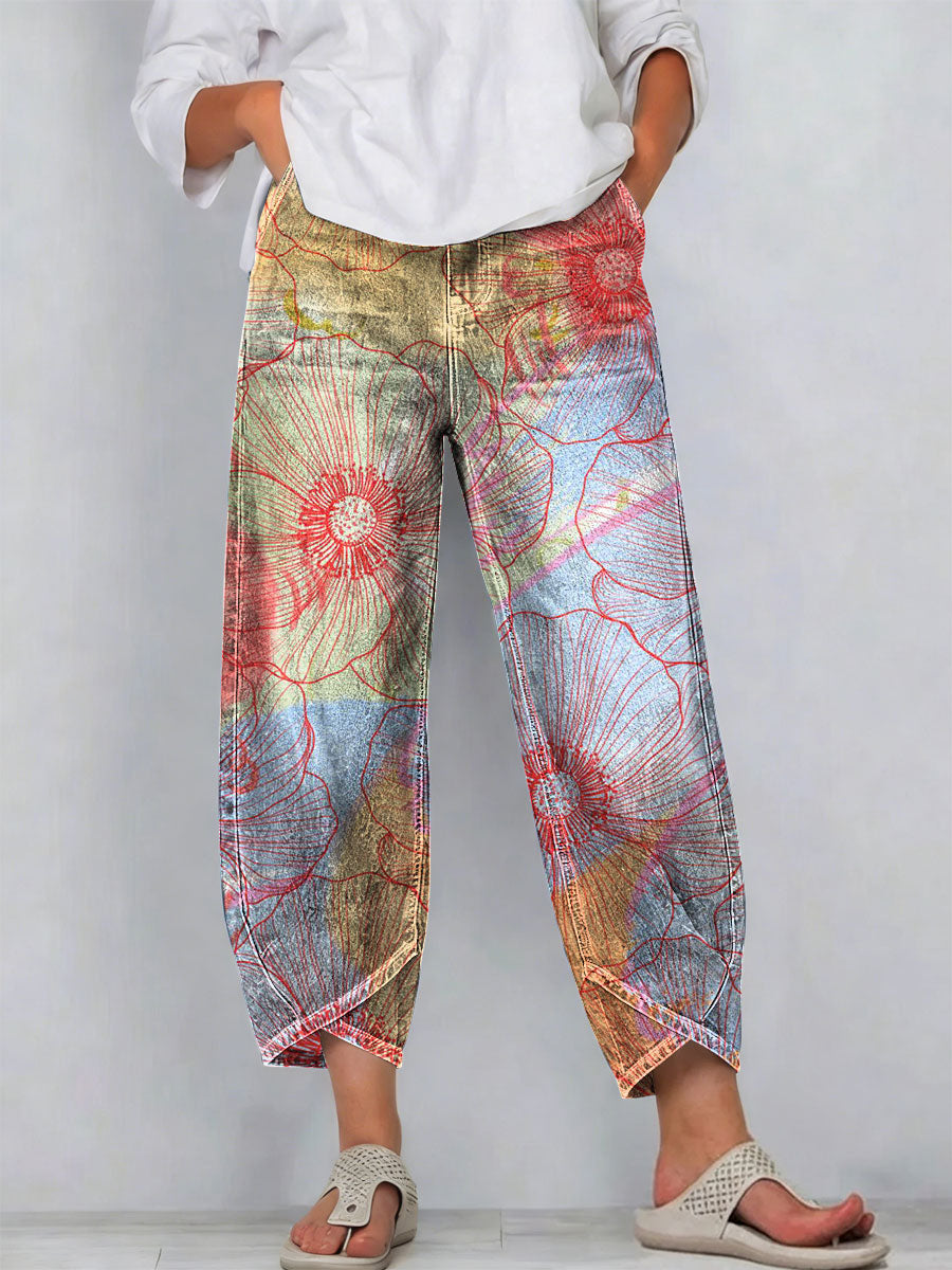 Women's Vintage Nationality Pattern Art Prints Casual Denim Cotton Pants